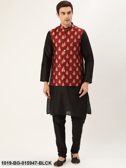 Men's Silk Blend Black Kurta Pyjama & Maroon Nehru jacket Combo