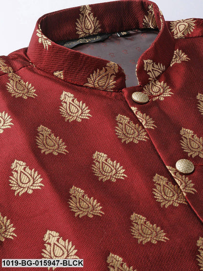 Men's Silk Blend Black Kurta Pyjama & Maroon Nehru jacket Combo