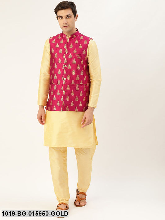 Men's Silk Blend Gold Kurta Pyjama & Magenta Nehru jacket Combo