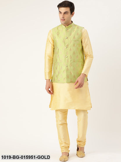 Men's Silk Blend Gold Kurta Pyjama & Green Nehru jacket Combo