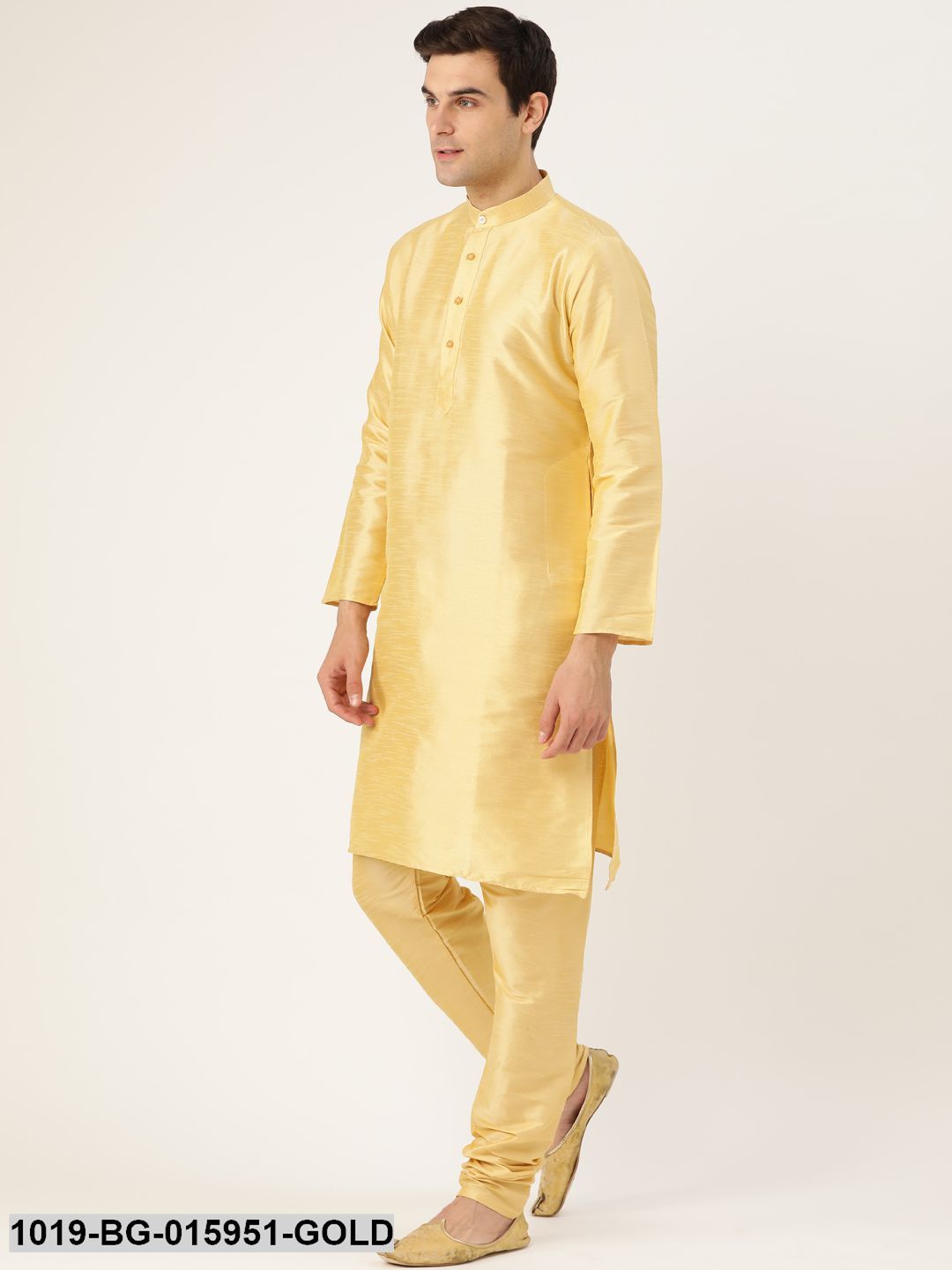 Men's Silk Blend Gold Kurta Pyjama & Green Nehru jacket Combo