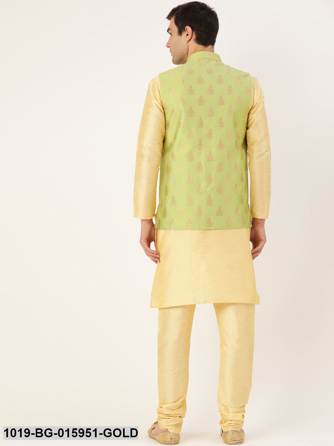 Men's Silk Blend Gold Kurta Pyjama & Green Nehru jacket Combo