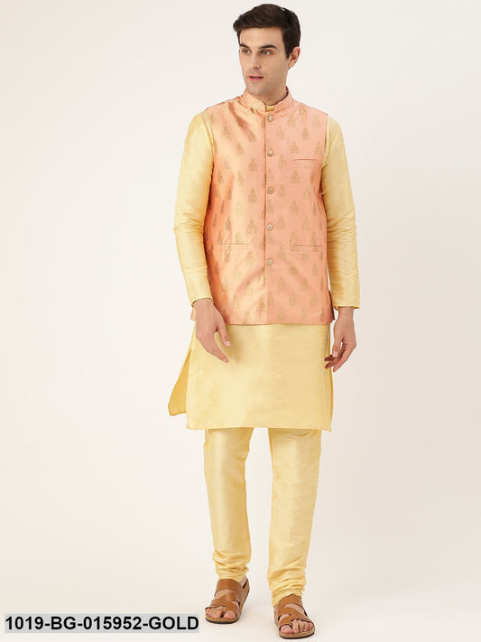 Men's Silk Blend Gold Kurta Pyjama & Peach Nehru jacket Combo