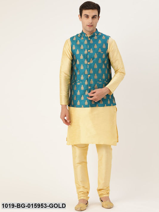 Men's Silk Blend Gold Kurta Pyjama & Teal Blue Nehru jacket Combo