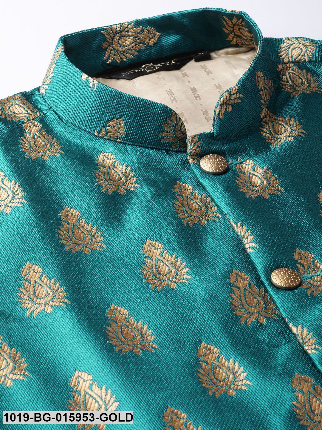 Men's Silk Blend Gold Kurta Pyjama & Teal Blue Nehru jacket Combo