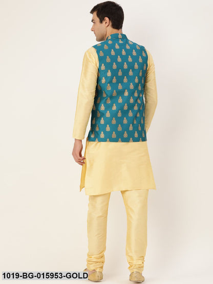 Men's Silk Blend Gold Kurta Pyjama & Teal Blue Nehru jacket Combo