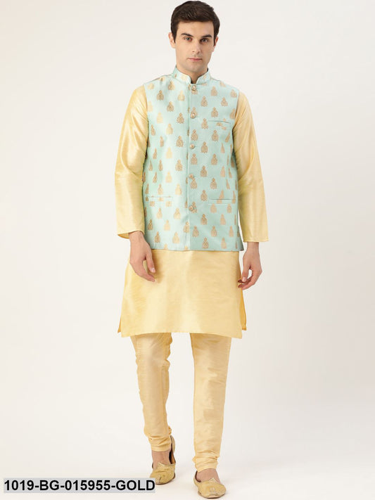 Men's Silk Blend Gold Kurta Pyjama & Sea Green Nehru jacket Combo