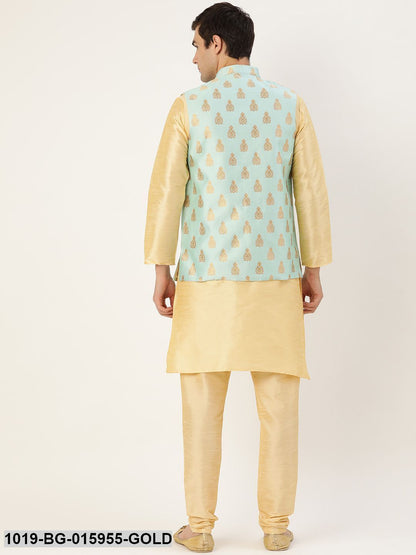 Men's Silk Blend Gold Kurta Pyjama & Sea Green Nehru jacket Combo