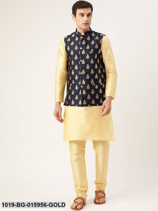 Men's Silk Blend Gold Kurta Pyjama & Navy Blue Nehru jacket Combo