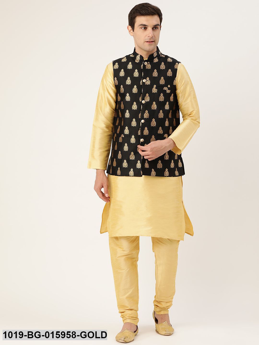 Men's Silk Blend Gold Kurta Pyjama & Black Nehru jacket Combo