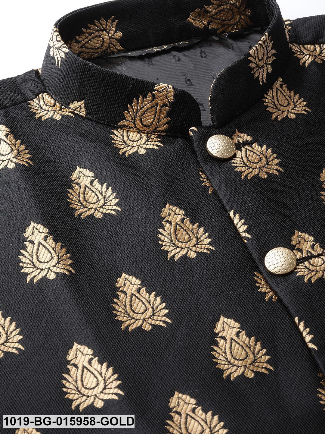 Men's Silk Blend Gold Kurta Pyjama & Black Nehru jacket Combo