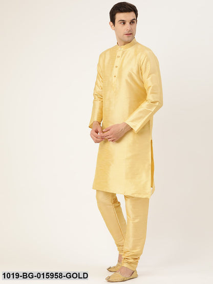 Men's Silk Blend Gold Kurta Pyjama & Black Nehru jacket Combo