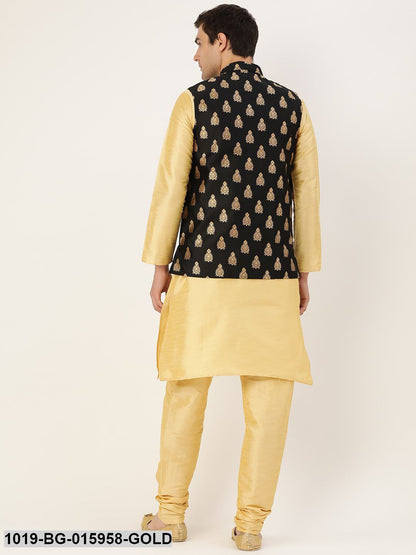 Men's Silk Blend Gold Kurta Pyjama & Black Nehru jacket Combo