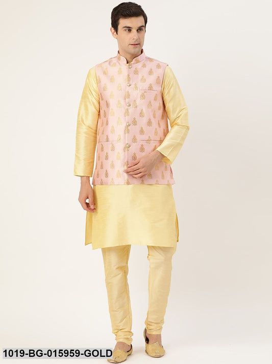 Men's Silk Blend Gold Kurta Pyjama & Pink Nehru jacket Combo