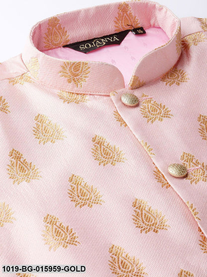 Men's Silk Blend Gold Kurta Pyjama & Pink Nehru jacket Combo