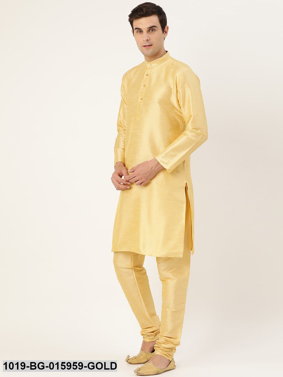 Men's Silk Blend Gold Kurta Pyjama & Pink Nehru jacket Combo