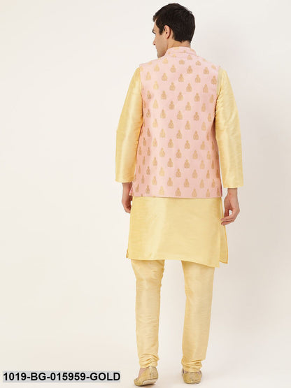 Men's Silk Blend Gold Kurta Pyjama & Pink Nehru jacket Combo