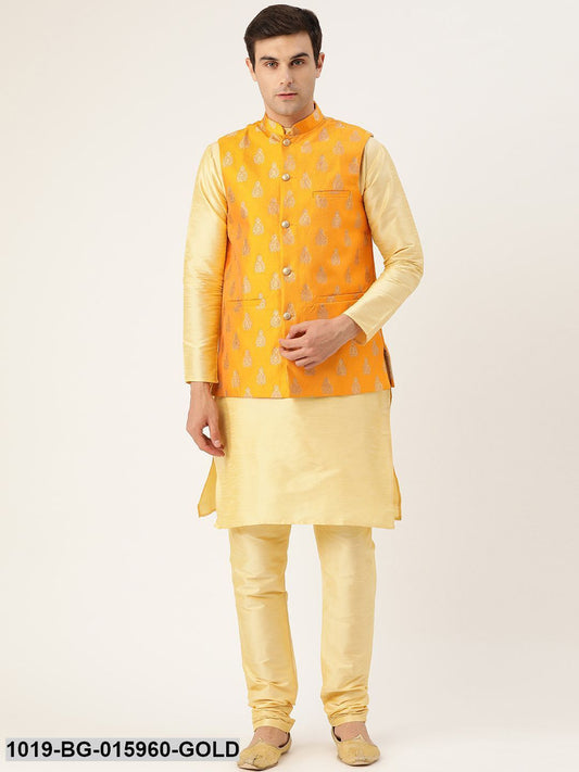 Men's Silk Blend Gold Kurta Pyjama & Mustard Nehru jacket Combo