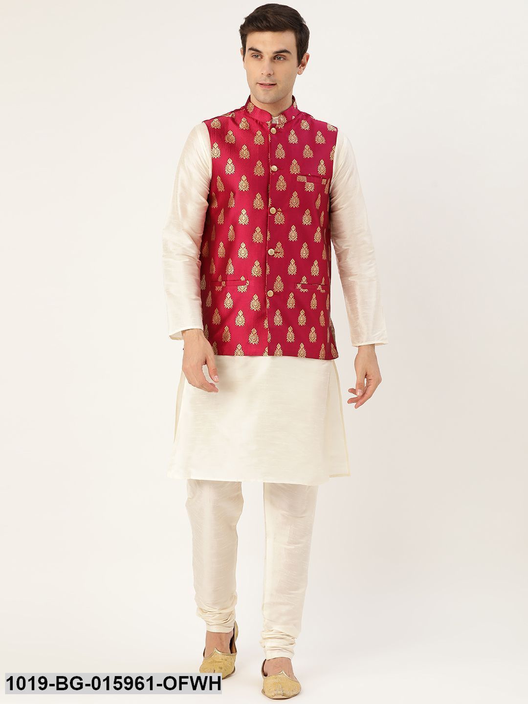 Men's Silk Blend Off White Kurta Pyjama & Magenta Nehru jacket Combo