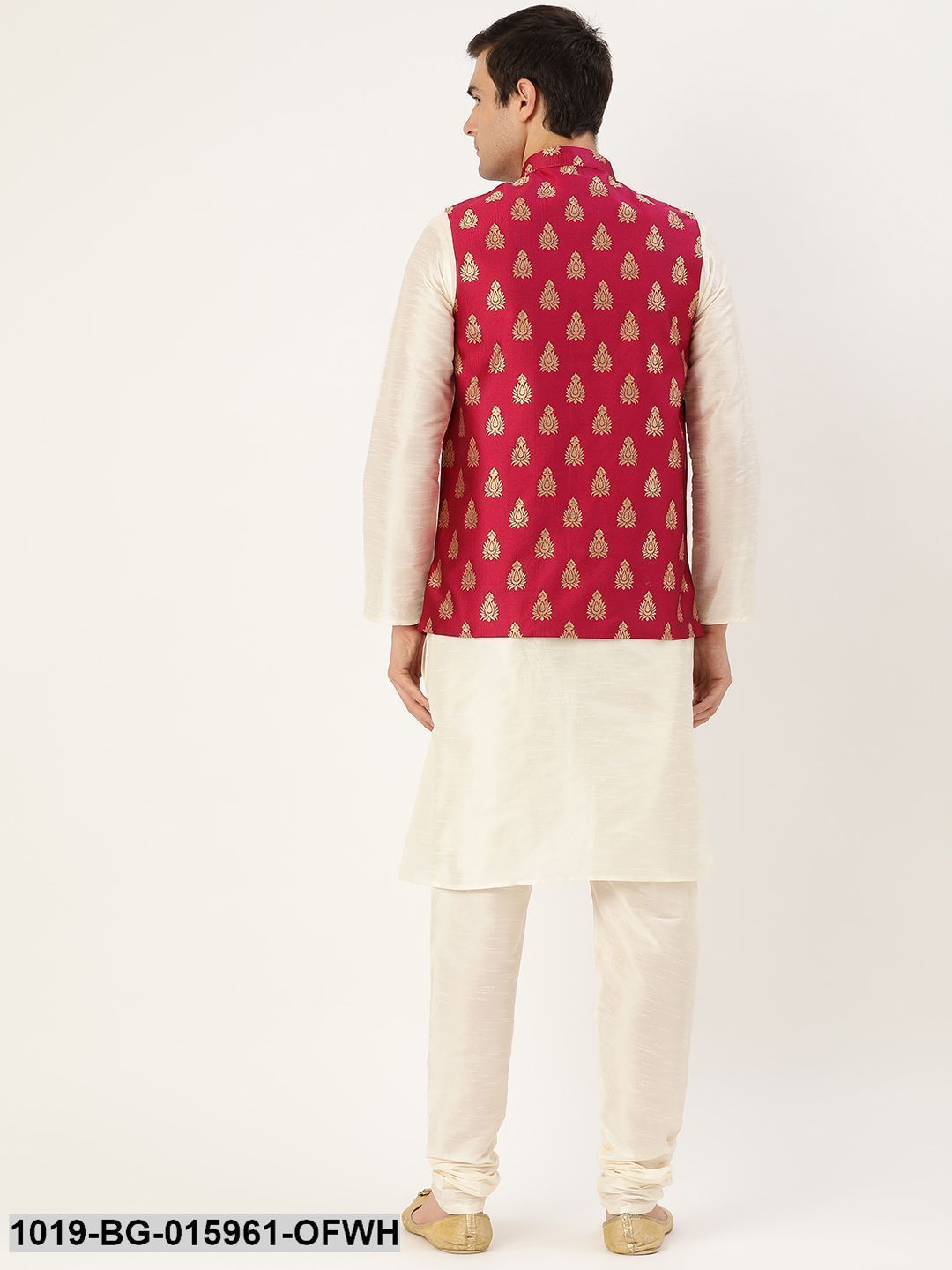 Men's Silk Blend Off White Kurta Pyjama & Magenta Nehru jacket Combo