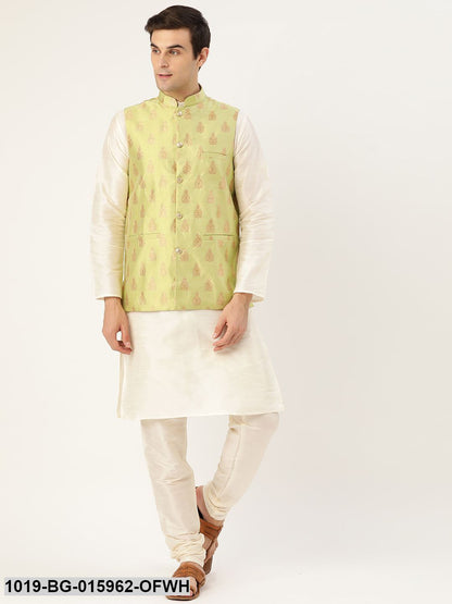 Men's Silk Blend Off White Kurta Pyjama & Green Nehru jacket Combo