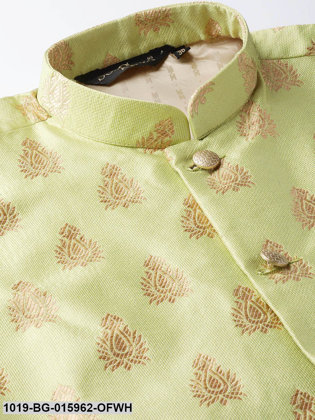 Men's Silk Blend Off White Kurta Pyjama & Green Nehru jacket Combo