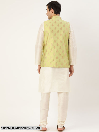 Men's Silk Blend Off White Kurta Pyjama & Green Nehru jacket Combo