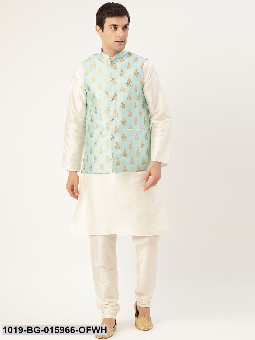 Men's Silk Blend Off White Kurta Pyjama & Sea Green Nehru jacket Combo