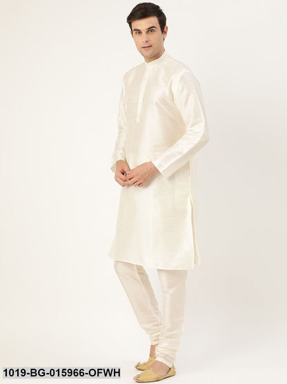 Men's Silk Blend Off White Kurta Pyjama & Sea Green Nehru jacket Combo