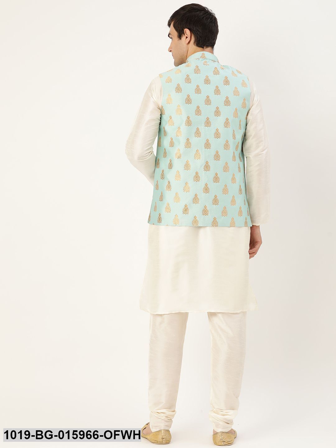 Men's Silk Blend Off White Kurta Pyjama & Sea Green Nehru jacket Combo