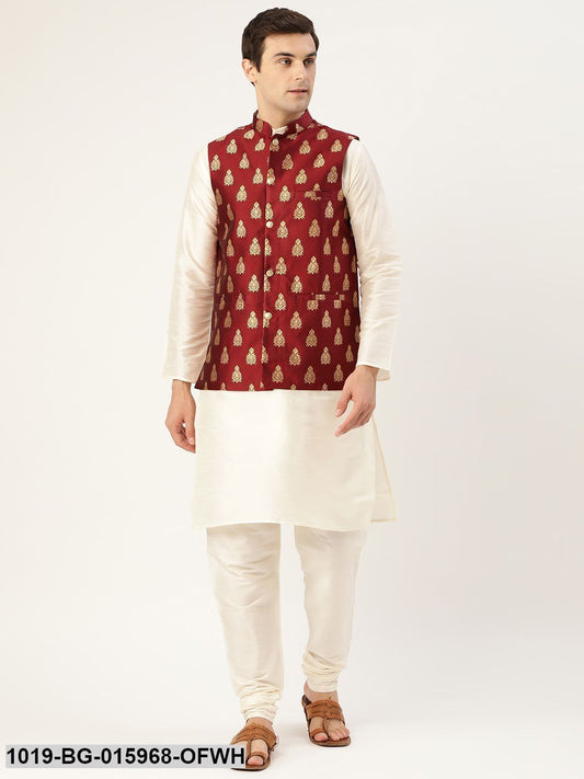 Men's Silk Blend Off White Kurta Pyjama & Maroon Nehru jacket Combo