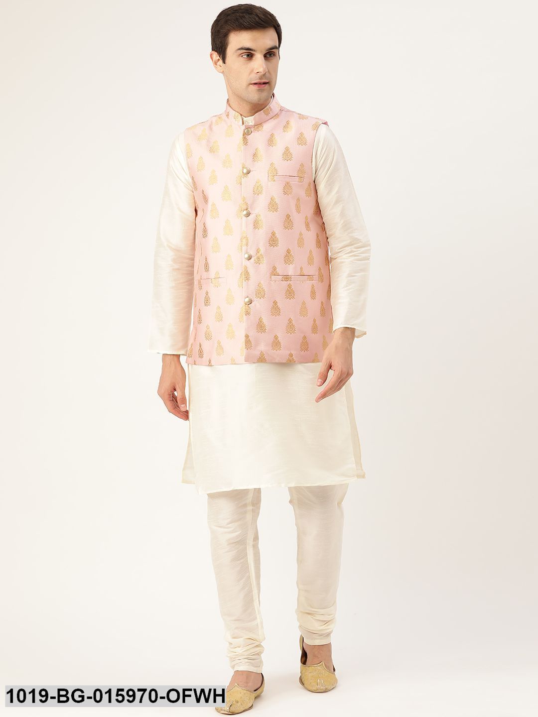 Men's Silk Blend Off White Kurta Pyjama & Pink Nehru jacket Combo