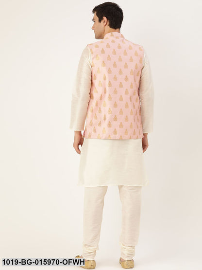 Men's Silk Blend Off White Kurta Pyjama & Pink Nehru jacket Combo