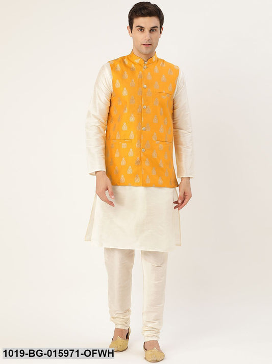 Men's Silk Blend Off White Kurta Pyjama & Mustard Nehru jacket Combo