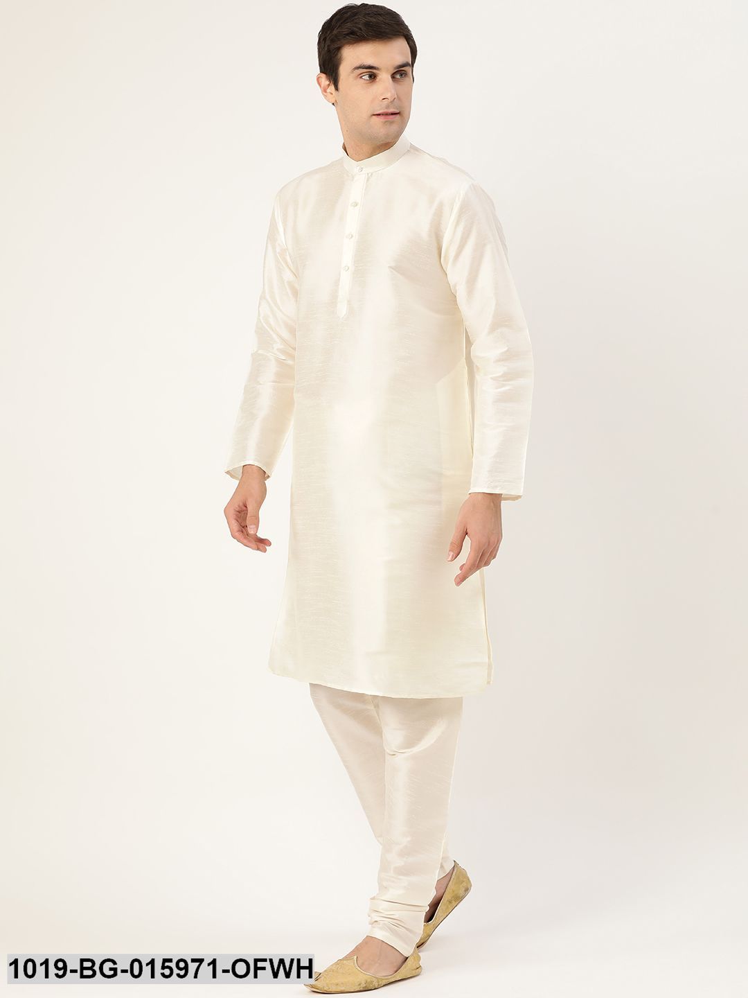 Men's Silk Blend Off White Kurta Pyjama & Mustard Nehru jacket Combo