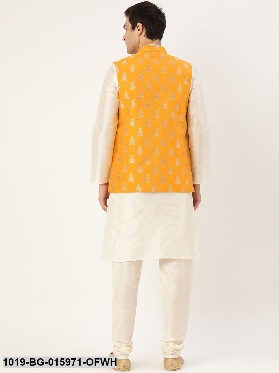 Men's Silk Blend Off White Kurta Pyjama & Mustard Nehru jacket Combo