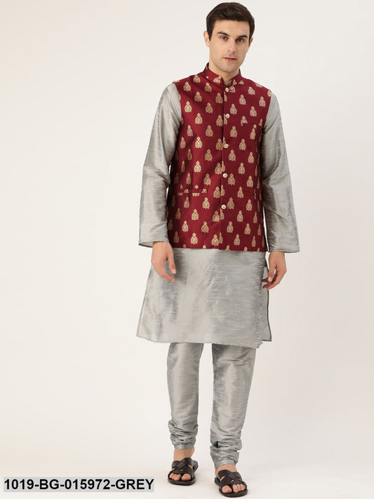 Men's Silk Blend Grey Kurta Pyjama & Maroon Nehru jacket Combo