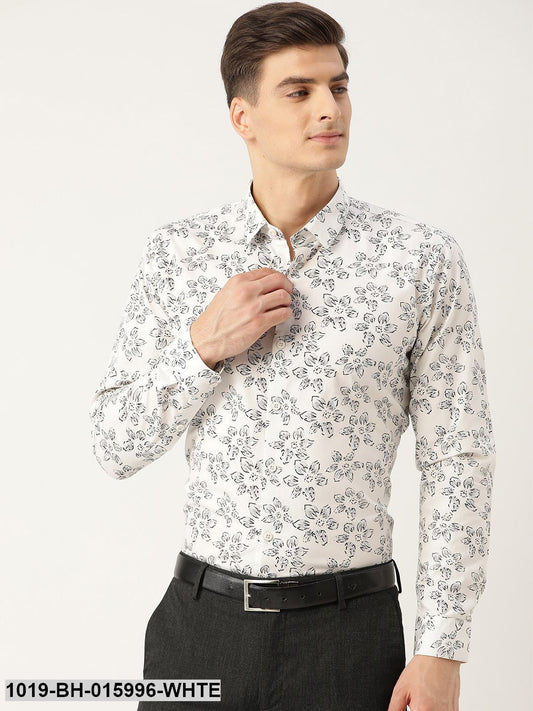 Men's Cotton White & Black Printed Formal Shirt