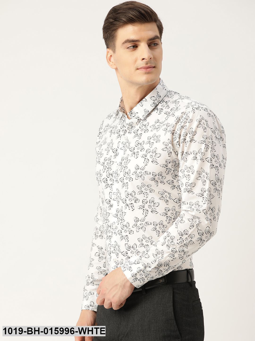 Men's Cotton White & Black Printed Formal Shirt