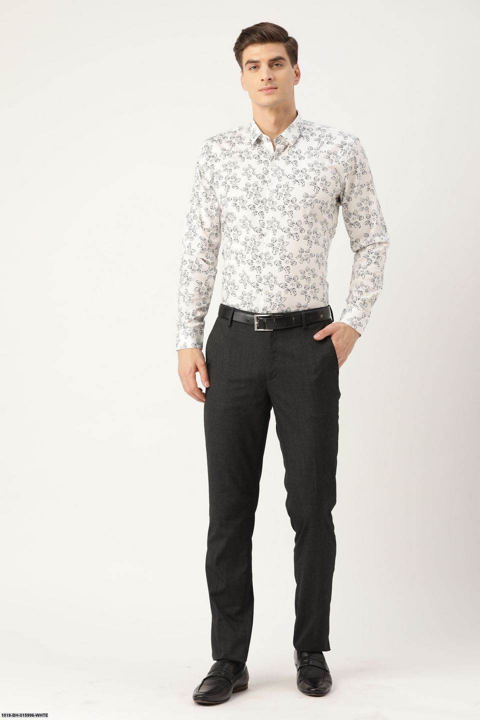 Men's Cotton White & Black Printed Formal Shirt