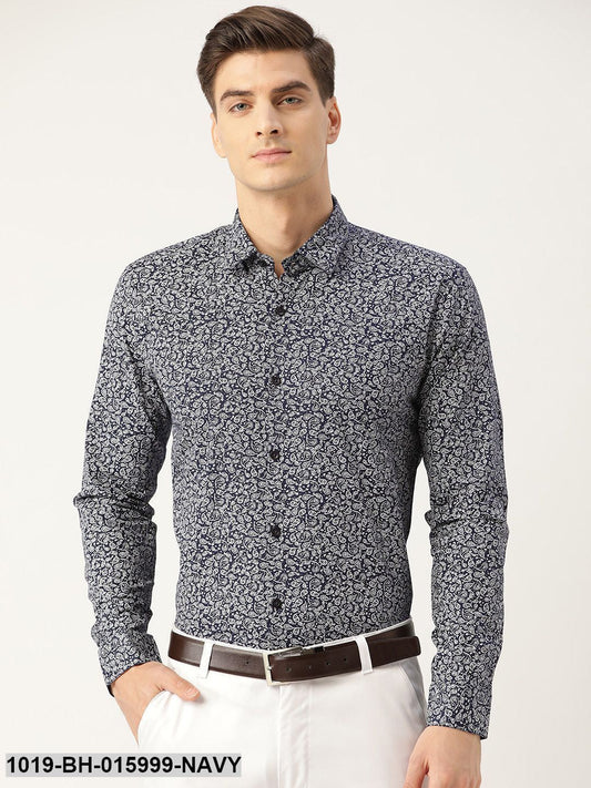 Men's Cotton Navy Blue & White Printed Formal Shirt