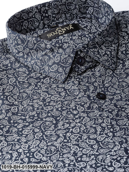 Men's Cotton Navy Blue & White Printed Formal Shirt