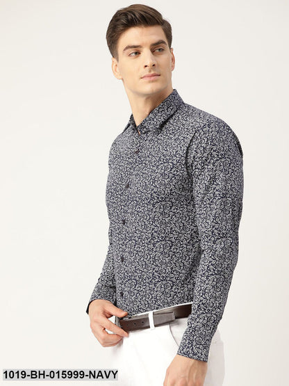 Men's Cotton Navy Blue & White Printed Formal Shirt