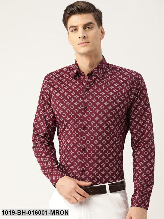 Men's Cotton Maroon & White Printed Formal Shirt