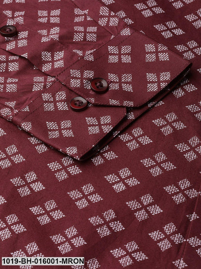 Men's Cotton Maroon & White Printed Formal Shirt