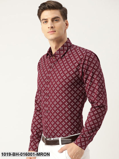 Men's Cotton Maroon & White Printed Formal Shirt