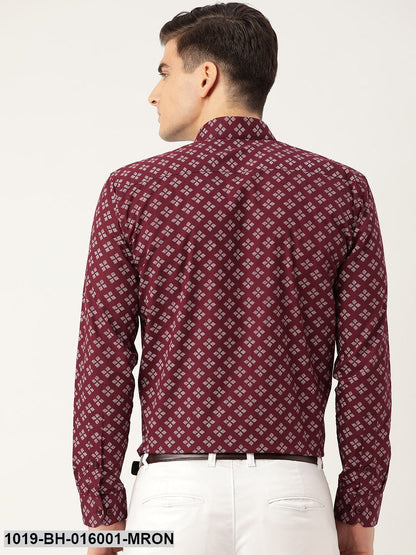 Men's Cotton Maroon & White Printed Formal Shirt