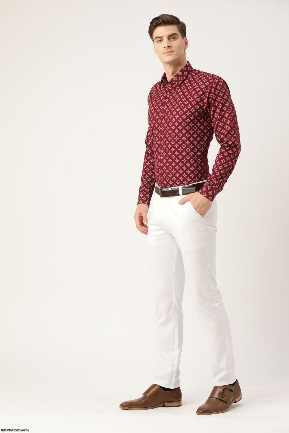 Men's Cotton Maroon & White Printed Formal Shirt