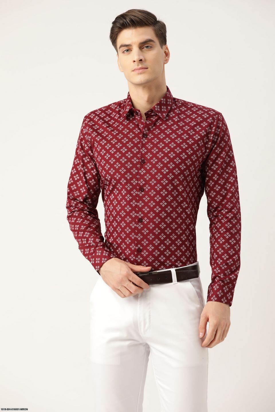 Men's Cotton Maroon & White Printed Formal Shirt