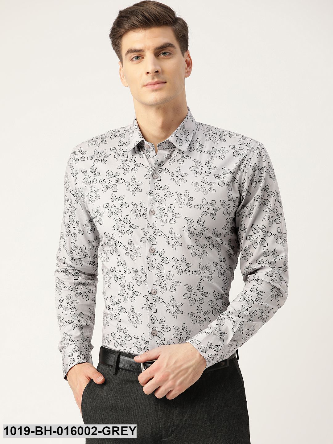 Men's Cotton Grey & Black Printed Formal Shirt